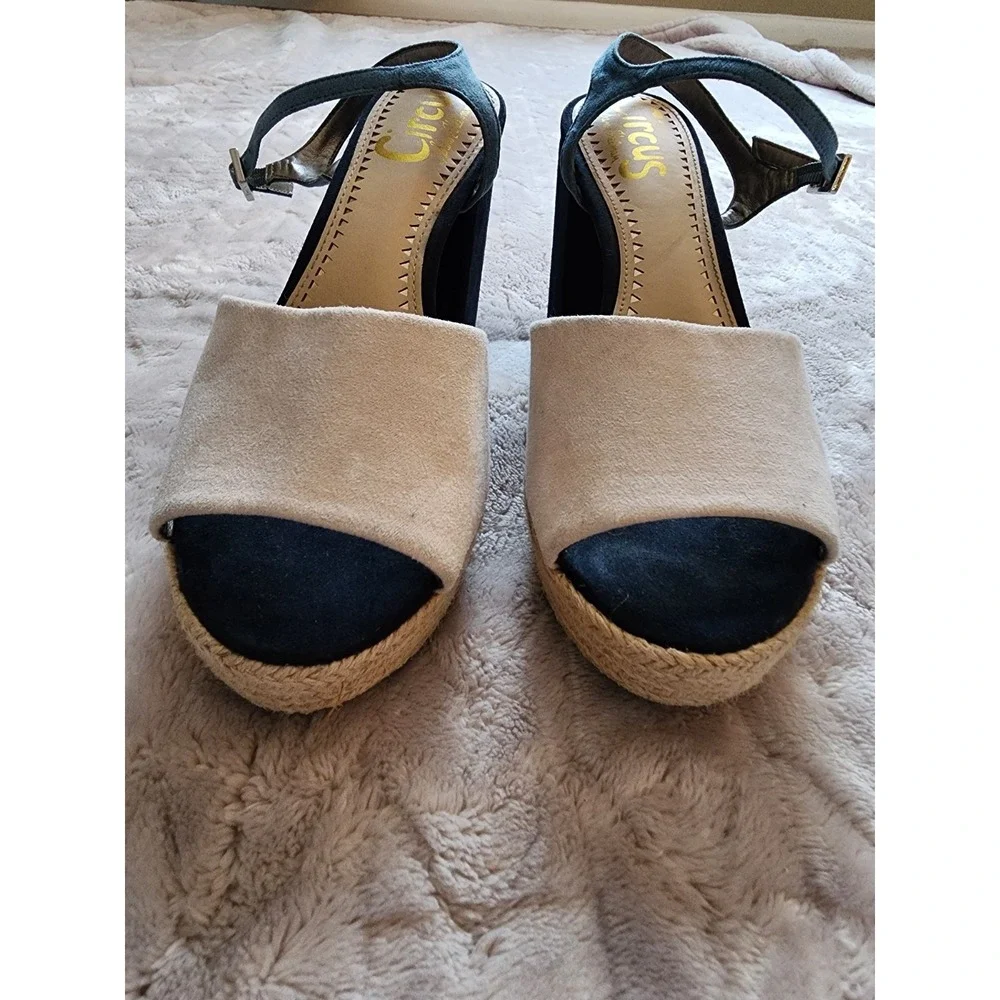 Circus Sam Edelman Blue Beige Suede Platform Block Heels Womens 7 Espadrille